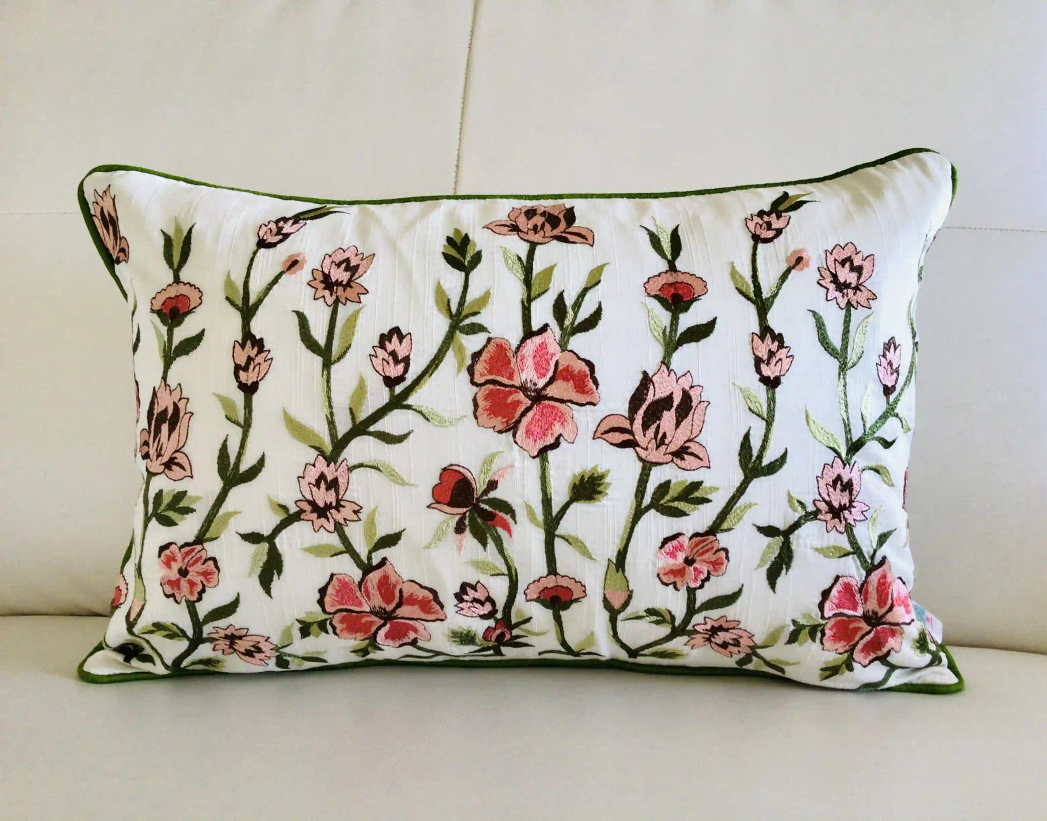Wild Flower Fields- Embroidered Cotton Silk Cushion Cover- Pastel Pink & Green- Set of 2