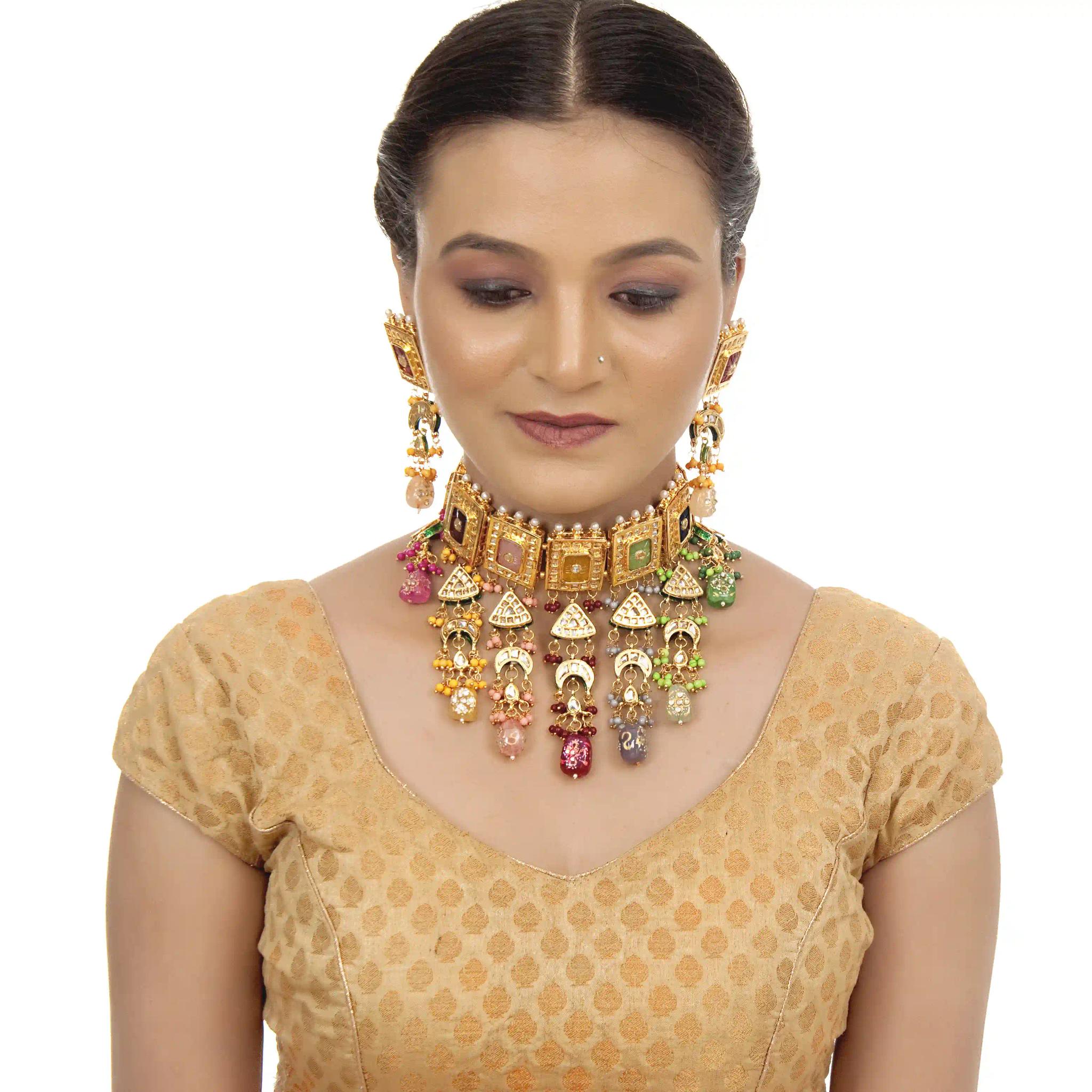 Gold Plated(18k) Square Design Kundan Necklace & Earrings With Small Beads