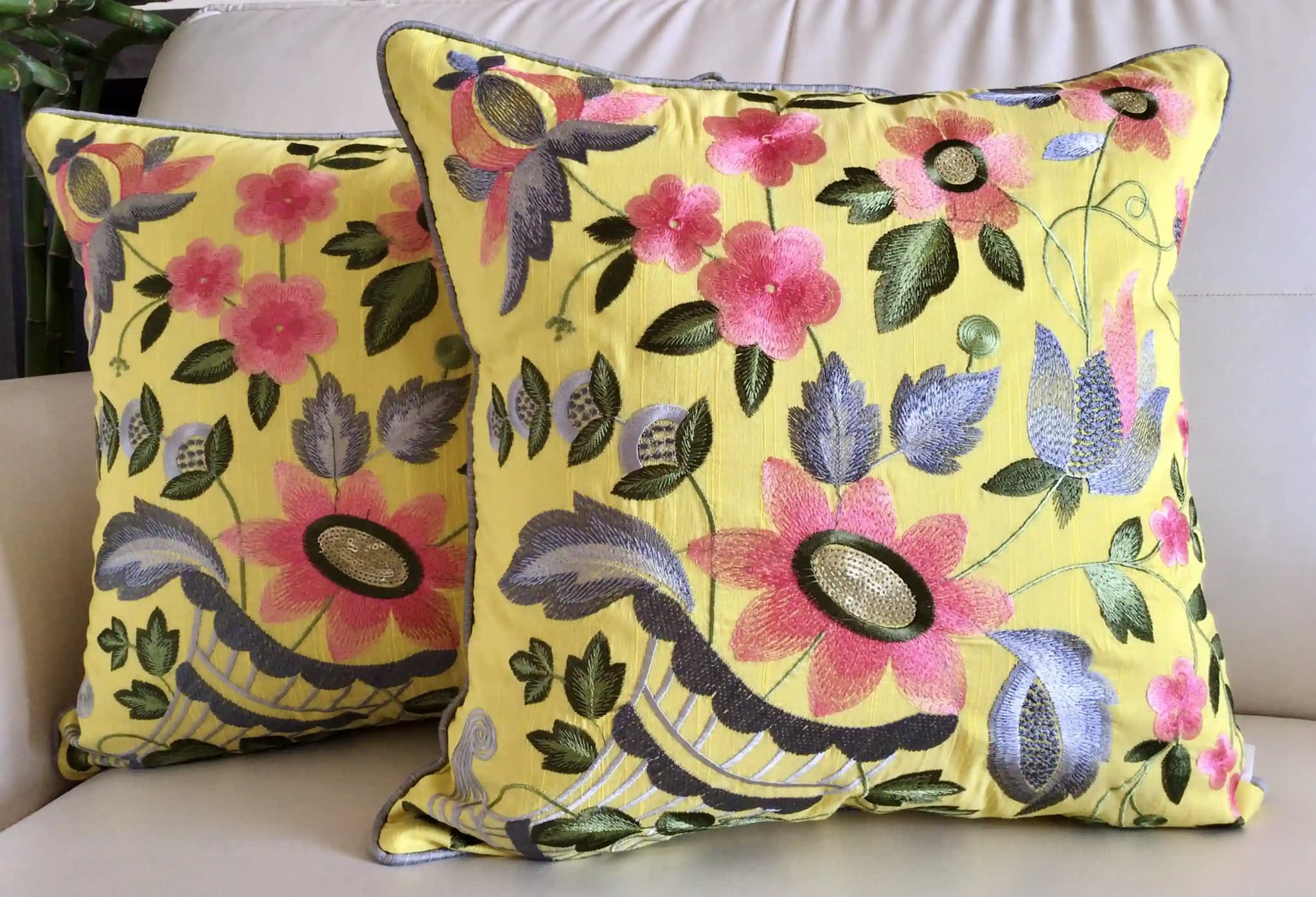 Floral Ecstasy- Embroidered Cotton Silk Cushion Cover- Limoncello Yellow- Set of 2